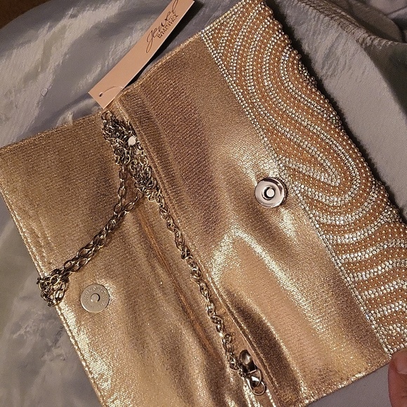 Badgley Mischka Elegant Golden Gem Pearlized Clutch Bag W Chain Shoulder Strap